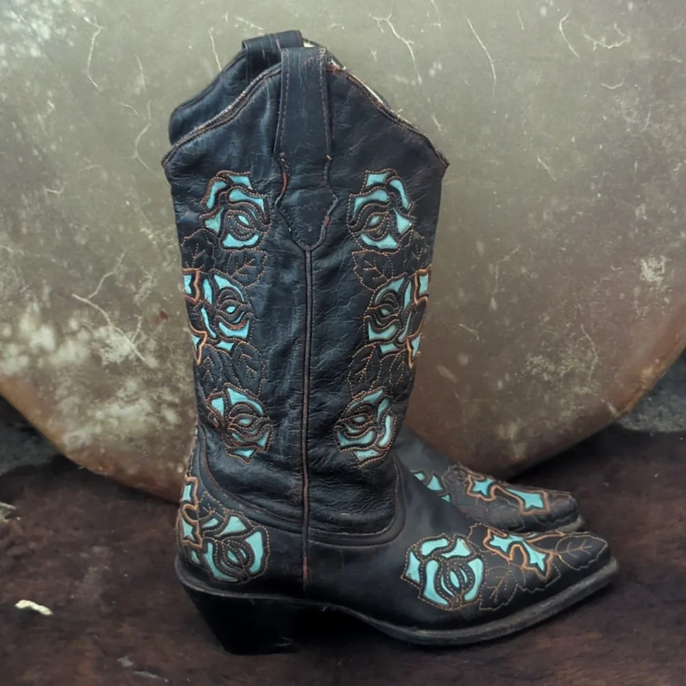 CORRAL R2482 Espresso brown & turquoise inlay crosses & roses cowgirl boots sz 7 - Picture 4 of 16